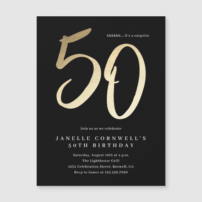 Modern Minimal Gold Type 50th Birthday Magnetic Invitation (Front)