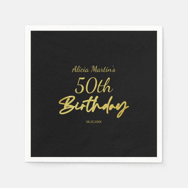 Modern & Minimal Gold Typography Black Birthday Napkin (Front)