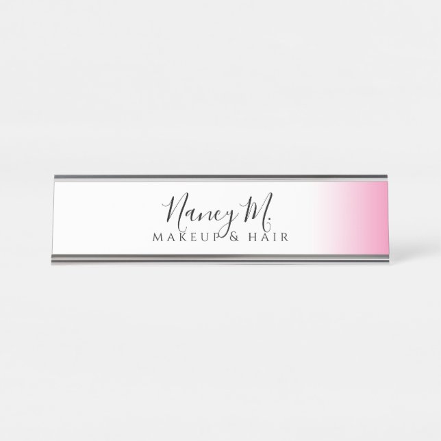 Modern minimal gradient pink white makeup & hair  desk name plate (Front)