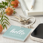 Modern Minimal Green And White Hello And You Name Keychain<br><div class="desc">Modern Minimal Green And White Hello And You Name</div>