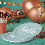 Modern Minimal Green And White Hello And You Name Paper Plate<br><div class="desc">Modern Minimal Green And White Hello And You Name</div>