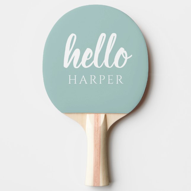 Modern Minimal Green And White Hello And You Name Ping Pong Paddle (Front)