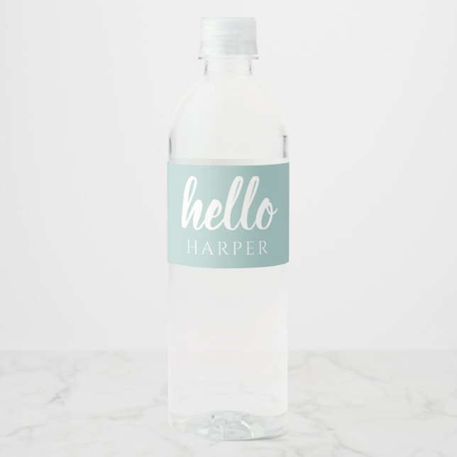 Modern Minimal Green And White Hello And You Name Water Bottle Label (Front)