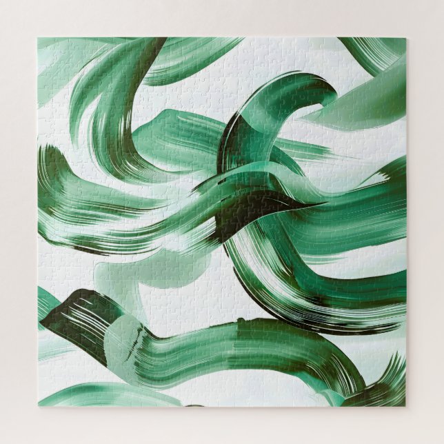 Modern Minimal Green Brush Strokes Abstract Jigsaw Puzzle (Vertical)