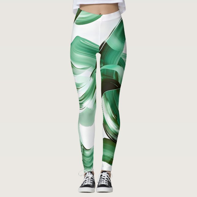 Modern Minimal Green Brush Strokes Abstract Leggings (Front)