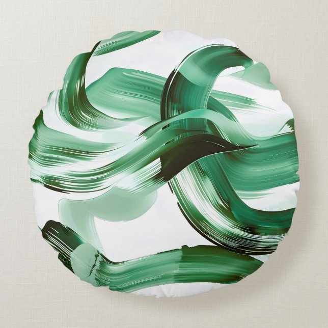 Modern Minimal Green Brush Strokes Abstract Round Pillow (Front)