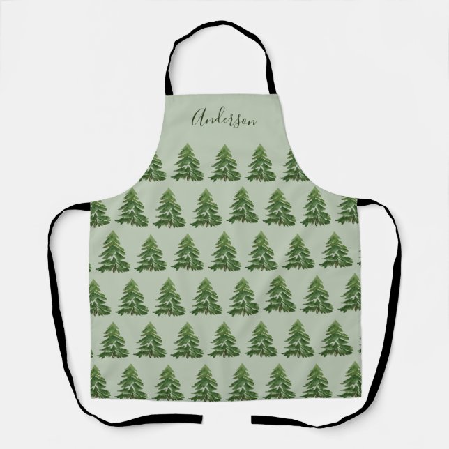 Modern minimal green Christmas tree family baking Apron (Front)