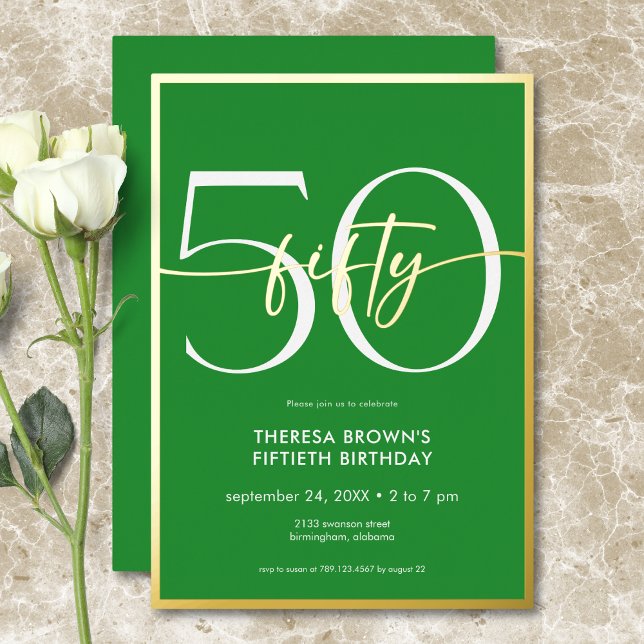 Modern Minimal Green Fifty Script Birthday (Modern Minimal Green Fifty Script Birthday Foil Invitation)