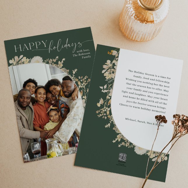 Modern Minimal Green Floral Arch Photo  Holiday Card (Creator Uploaded)