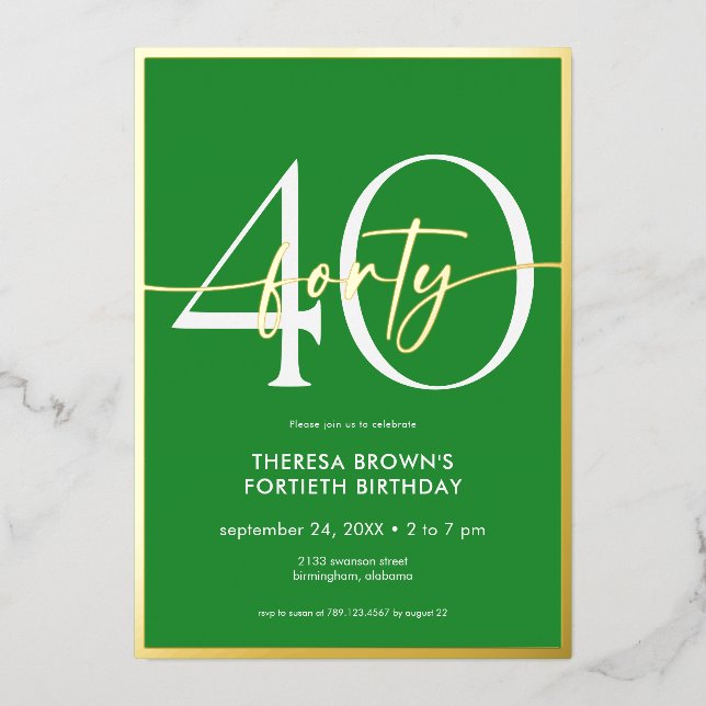 Modern Minimal Green Forty Script Birthday (Front)