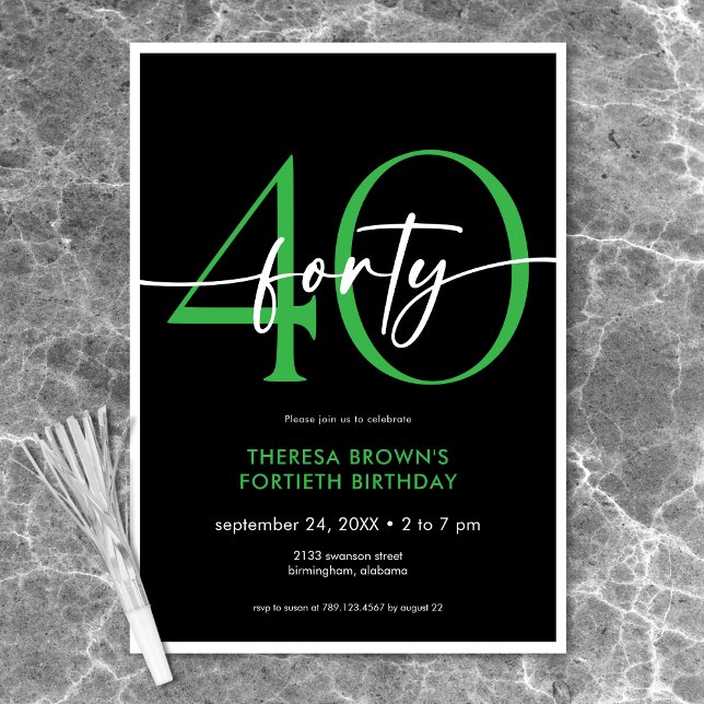 Modern Minimal Green Forty Script Birthday Invitation (Modern Minimal Green Forty Script Birthday Invitation)