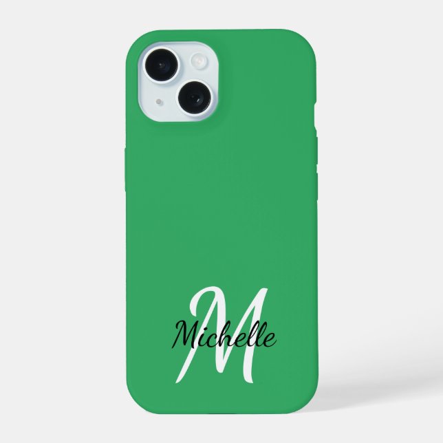 Modern Minimal Green Monogram Initial iPhone 15 Case (Back)
