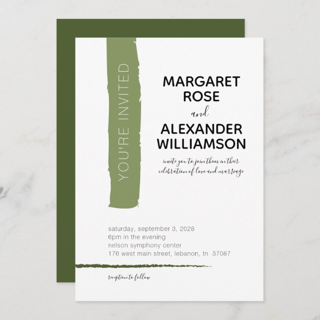 Modern Minimal Green Stripe Wedding Invitation (Front/Back)