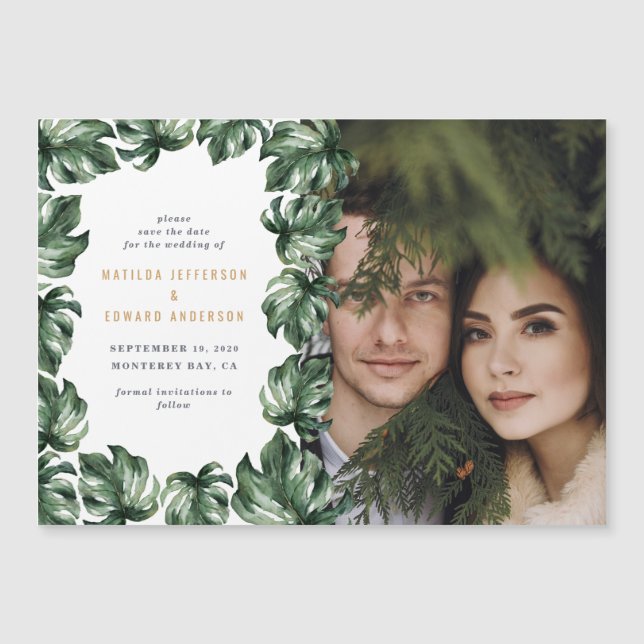Modern minimal green tropical palm photo wedding (Front)