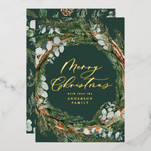 Modern minimal green watercolor wreath Christmas Foil Holiday Card