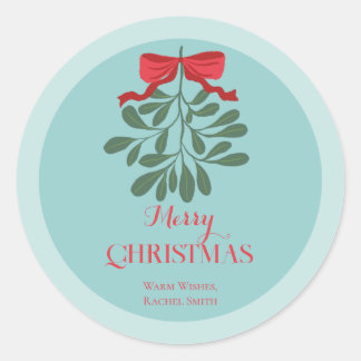 Modern minimal hand drawn leaves red bow christmas classic round sticker