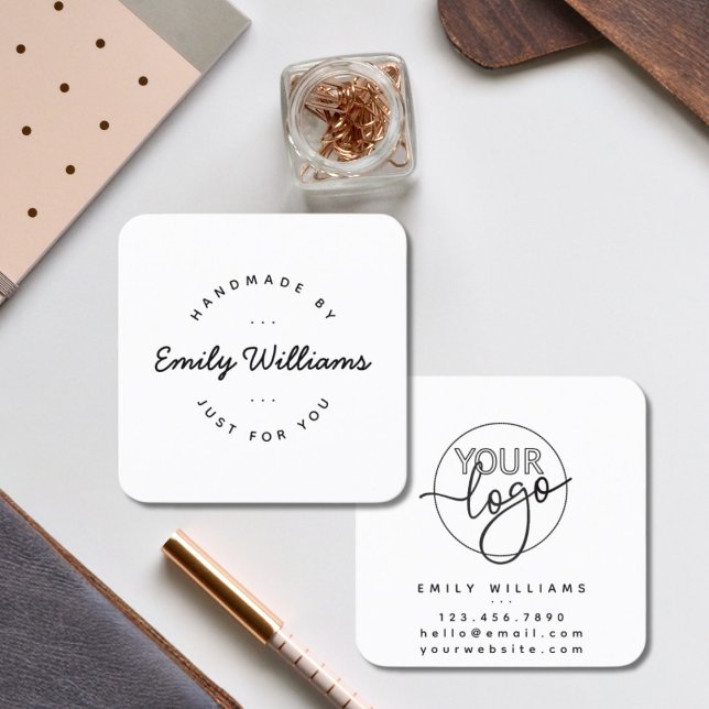 Modern Minimal Handmade By Script Custom Logo  Square Business Card (Creator Uploaded)