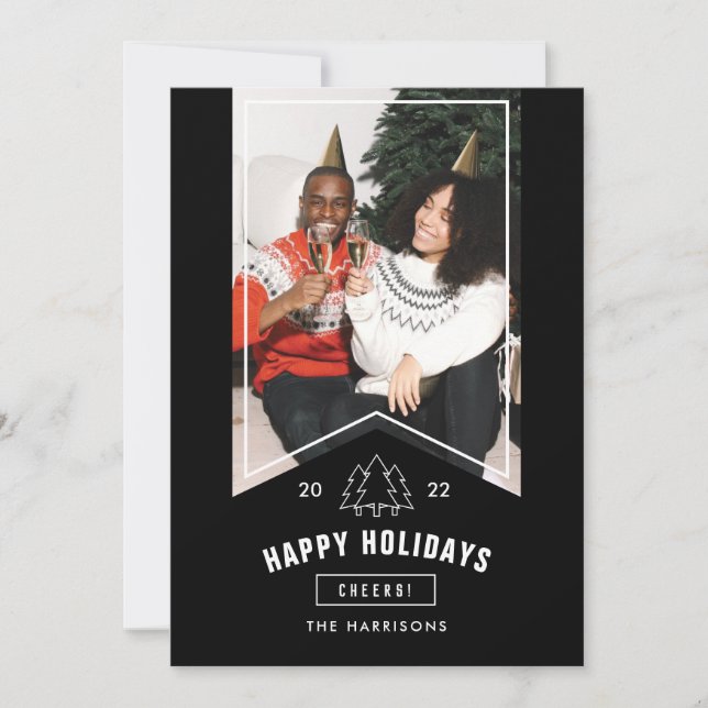 Modern Minimal Happy Holidays Photo Black Ribbon Holiday Card (Front)