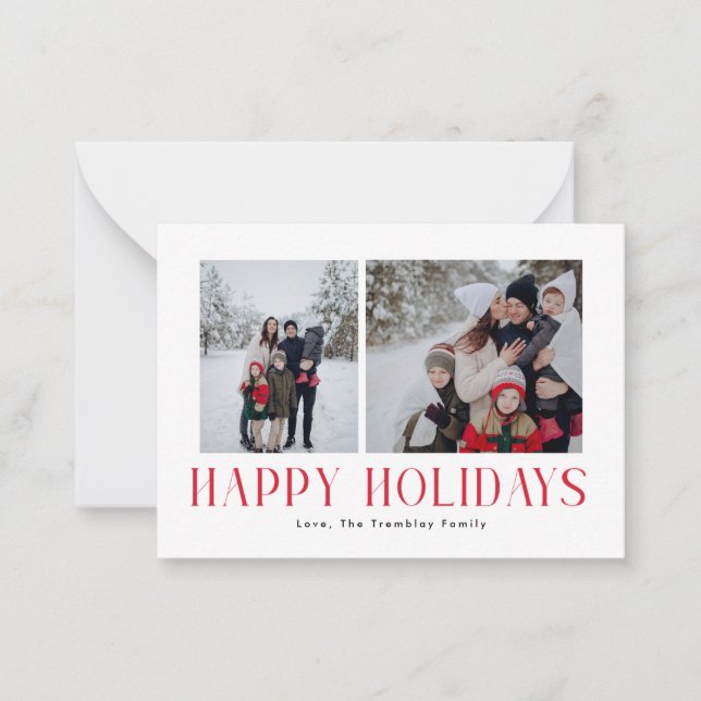 Modern & Minimal Happy Holidays Two Photo Card Red (Front)