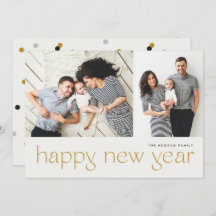 Modern Minimal Happy New Year Two Photo Holiday Ca