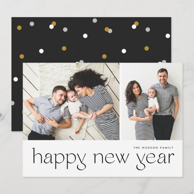 Modern Minimal Happy New Year Two Photo Holiday Card (Front/Back)