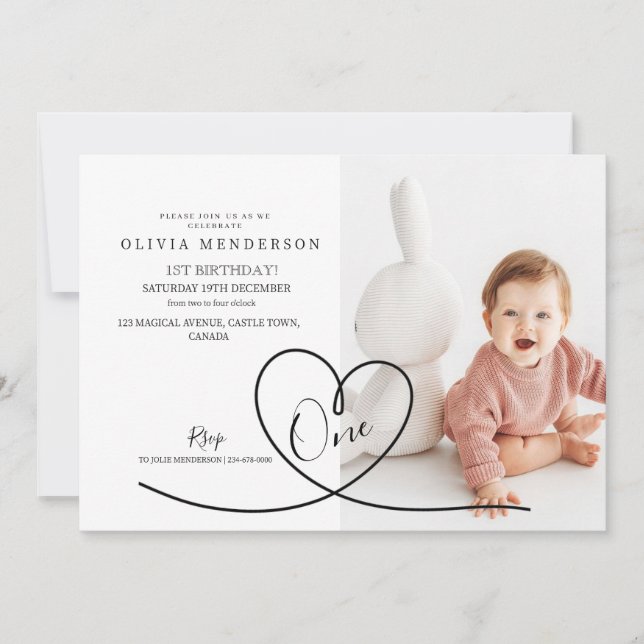 Modern Minimal  Heart Boho 1st Birthday Photo  Invitation (Front)