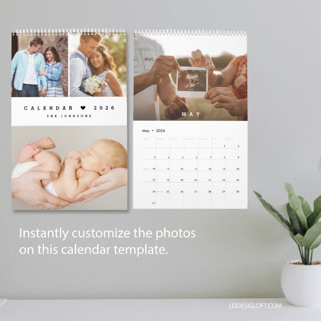 Modern Minimal Heart Customizable Family Photo Calendar (EASY TO USE modern customizable family photo calendar.)
