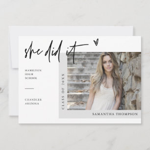 Modern Minimal Heart Photo She Did It Graduation Invitation