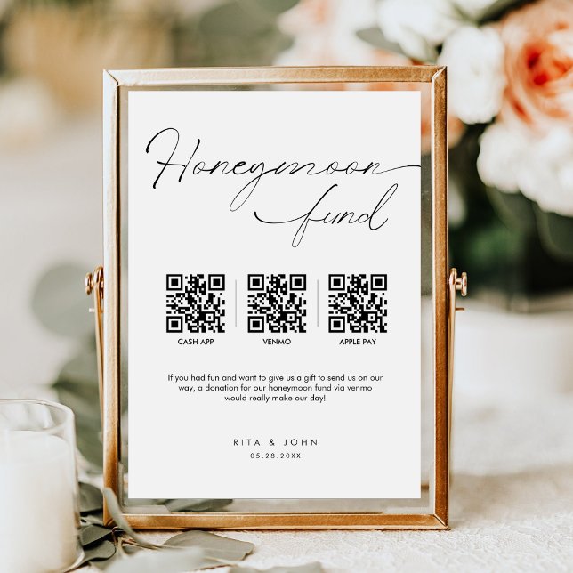 Modern Minimal Honeymoon Fund Cash QR Code Wedding Pedestal Sign (Creator Uploaded)