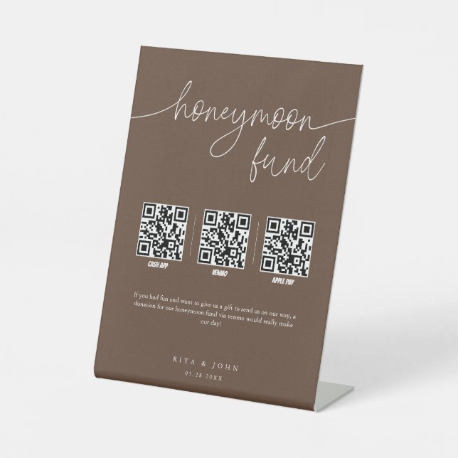 Modern Minimal Honeymoon Fund Cash QR Code Wedding Pedestal Sign (Front)