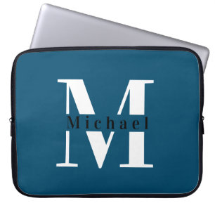 Modern Minimal Initial + Name Blue Monogram Laptop Sleeve
