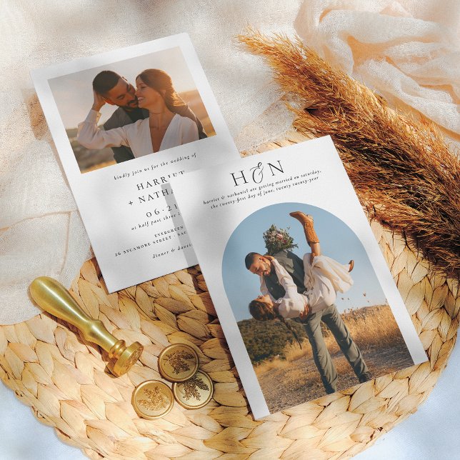 Modern Minimal Initials Boho Arch 2 Photo Wedding Invitation (Creator Uploaded)