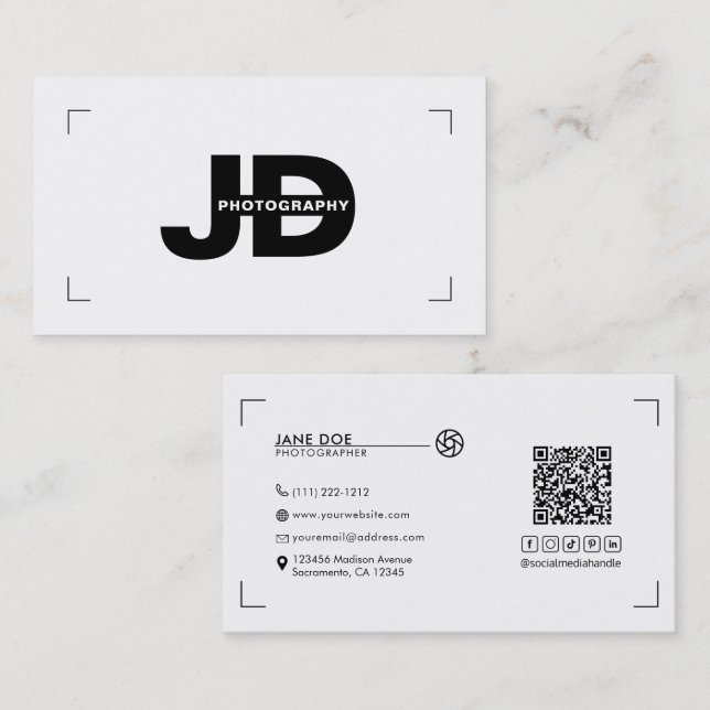 Modern Minimal Initials Camera Photographer  Business Card (Front/Back)