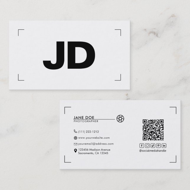 Modern Minimal Initials Camera Photographer  Business Card (Front/Back)