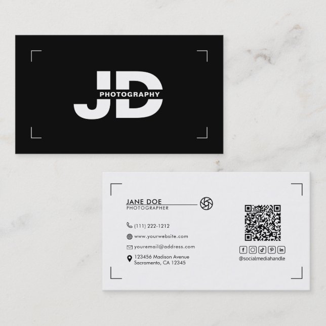 Modern Minimal Initials Camera Photographer  Business Card (Front/Back)
