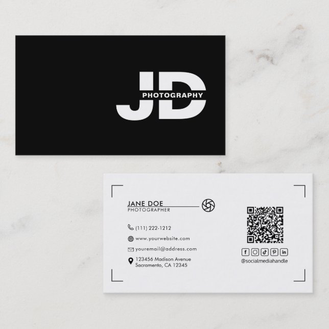 Modern Minimal Initials Camera Photographer  Business Card (Front/Back)