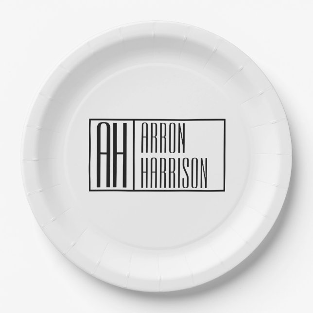 Modern Minimal Initials & Name Logo Paper Plate (Front)