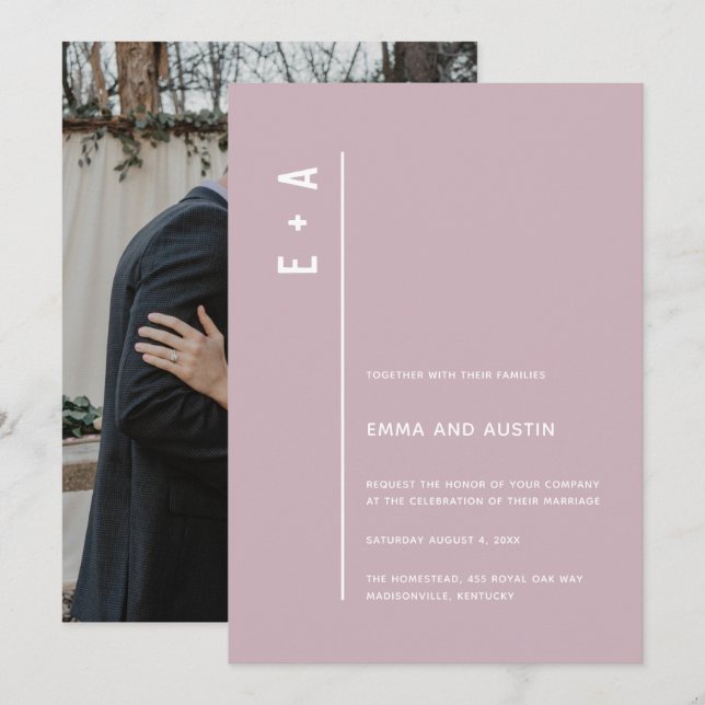 Modern Minimal Initials Pastel Purple Wedding Invitation (Front/Back)