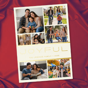 Modern Minimal Ivory 7 Photo Collage Joyful Foil Holiday Card