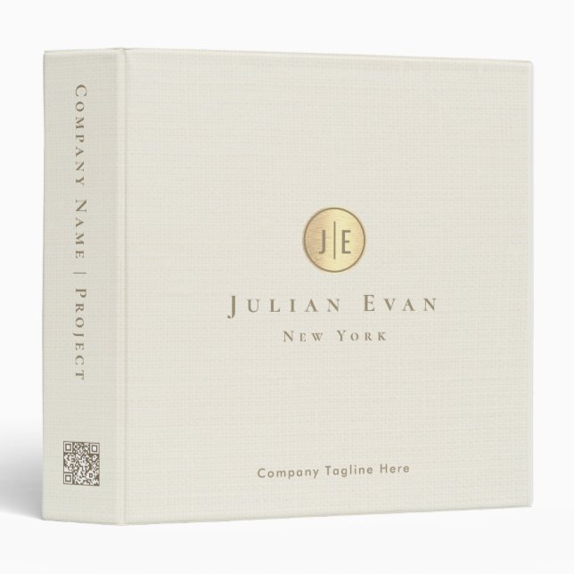Modern Minimal Ivory White Gold Qr code Monogram Binder (Front/Spine)