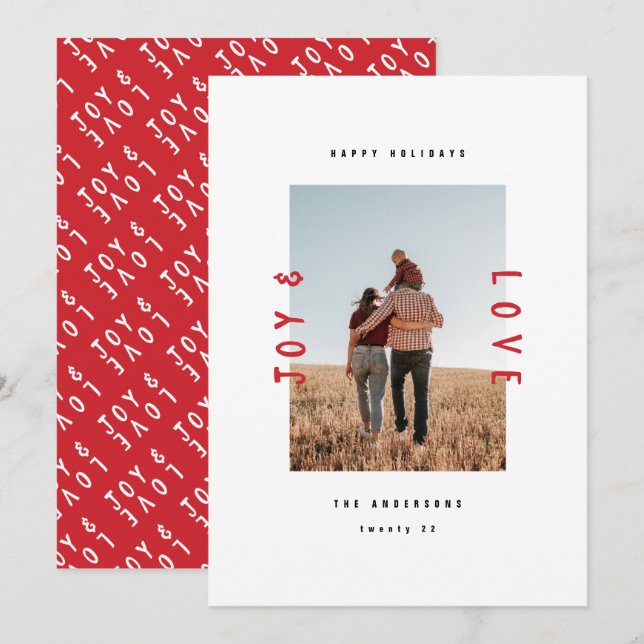 Modern minimal joy and love 1 photo holiday card (Front/Back)