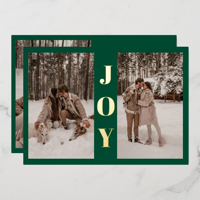 Modern Minimal Joy Christmas Green 3 Photo Foil Holiday Card (Front/Back)