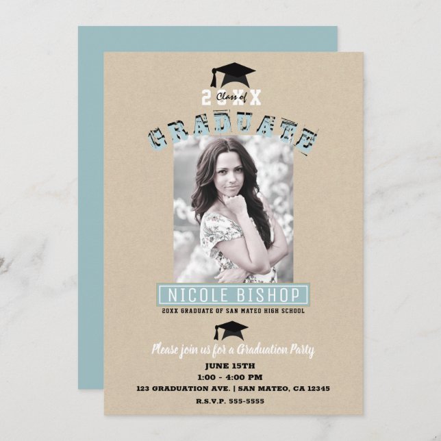 Modern Minimal Kraft Blue Photo Graduation Party   Invitation (Front/Back)