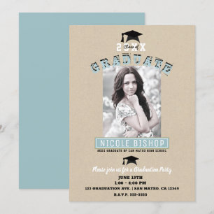 Modern Minimal Kraft Blue Photo Graduation Party Invitation