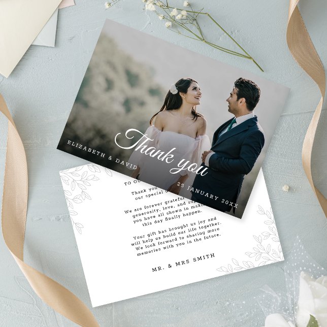 Modern Minimal Leaves Elegant Photo Script Wedding Thank You Card (Creator Uploaded)