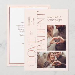 Modern Minimal Love is Patient Rose Gold Photo Save The Date