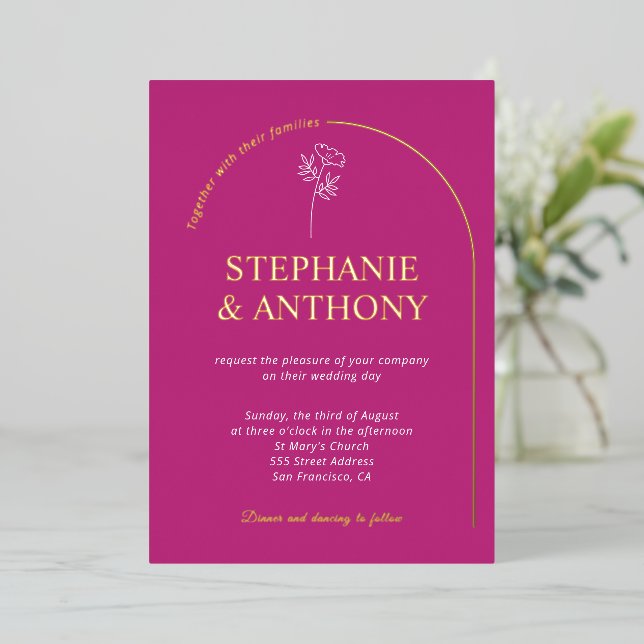 Modern Minimal Magenta Arch Wildflower Wedding  (Standing Front)