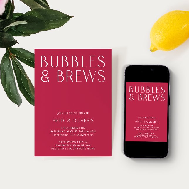 Modern Minimal Magenta Bubbles & Brews Engagement Invitation (Creator Uploaded)