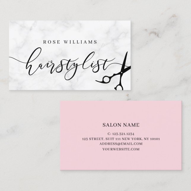 Modern minimal marble & pink hairstylist business card (Front/Back)