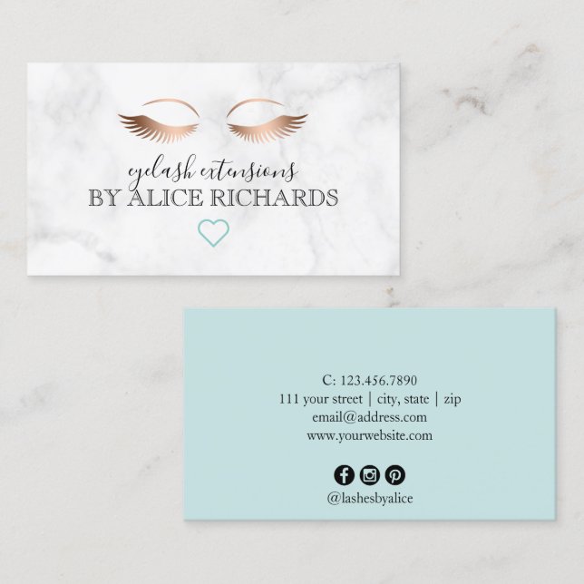 Modern minimal marble rose gold eyelash extensions business card (Front/Back)